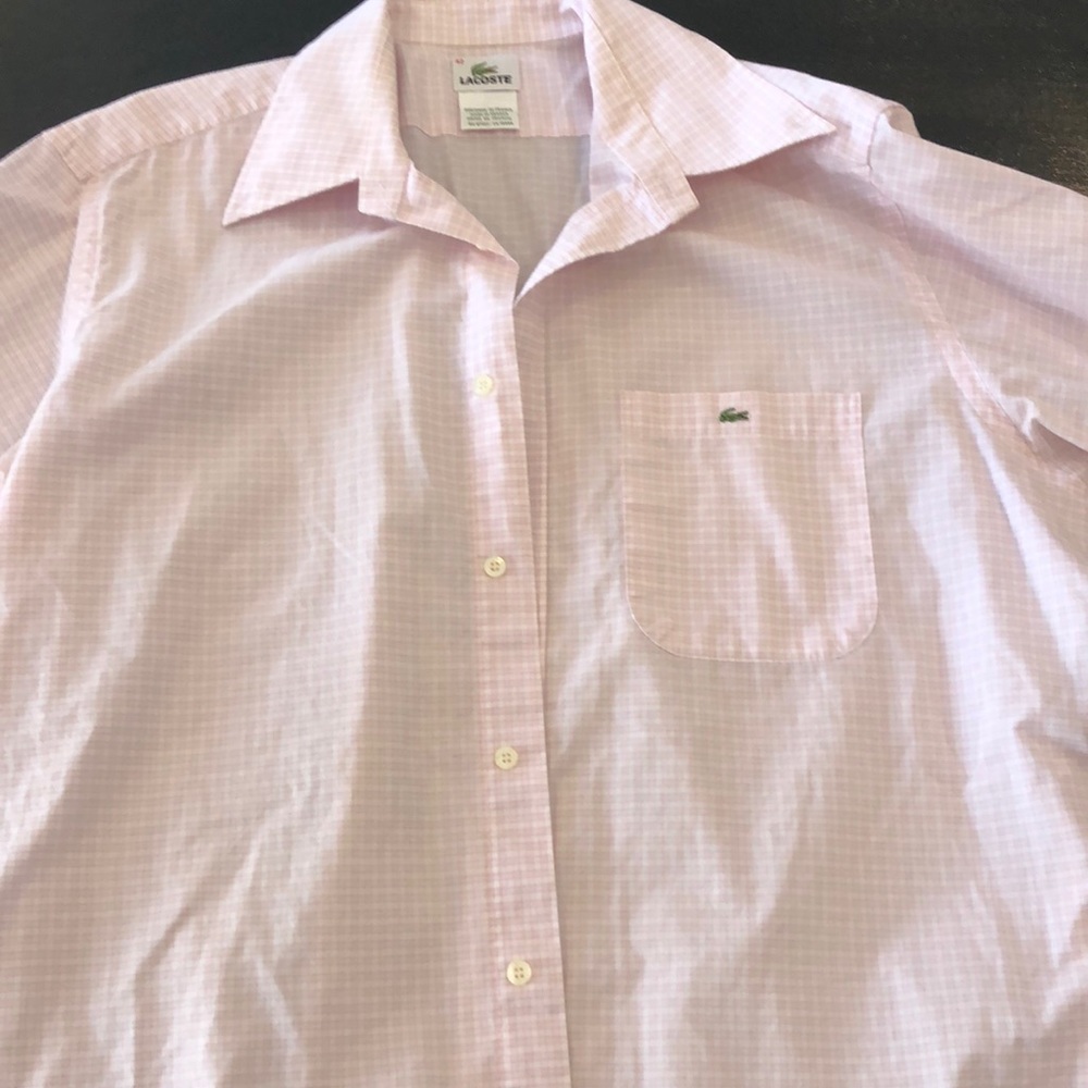 Lacoste 🐊 pink plaid button down size 42 GUC
